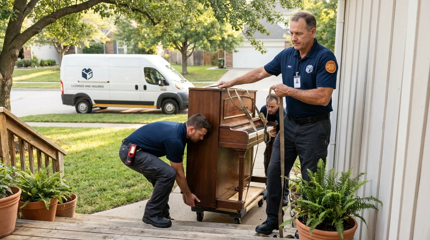 Licensed piano movers securing grand piano in Nowata, OK