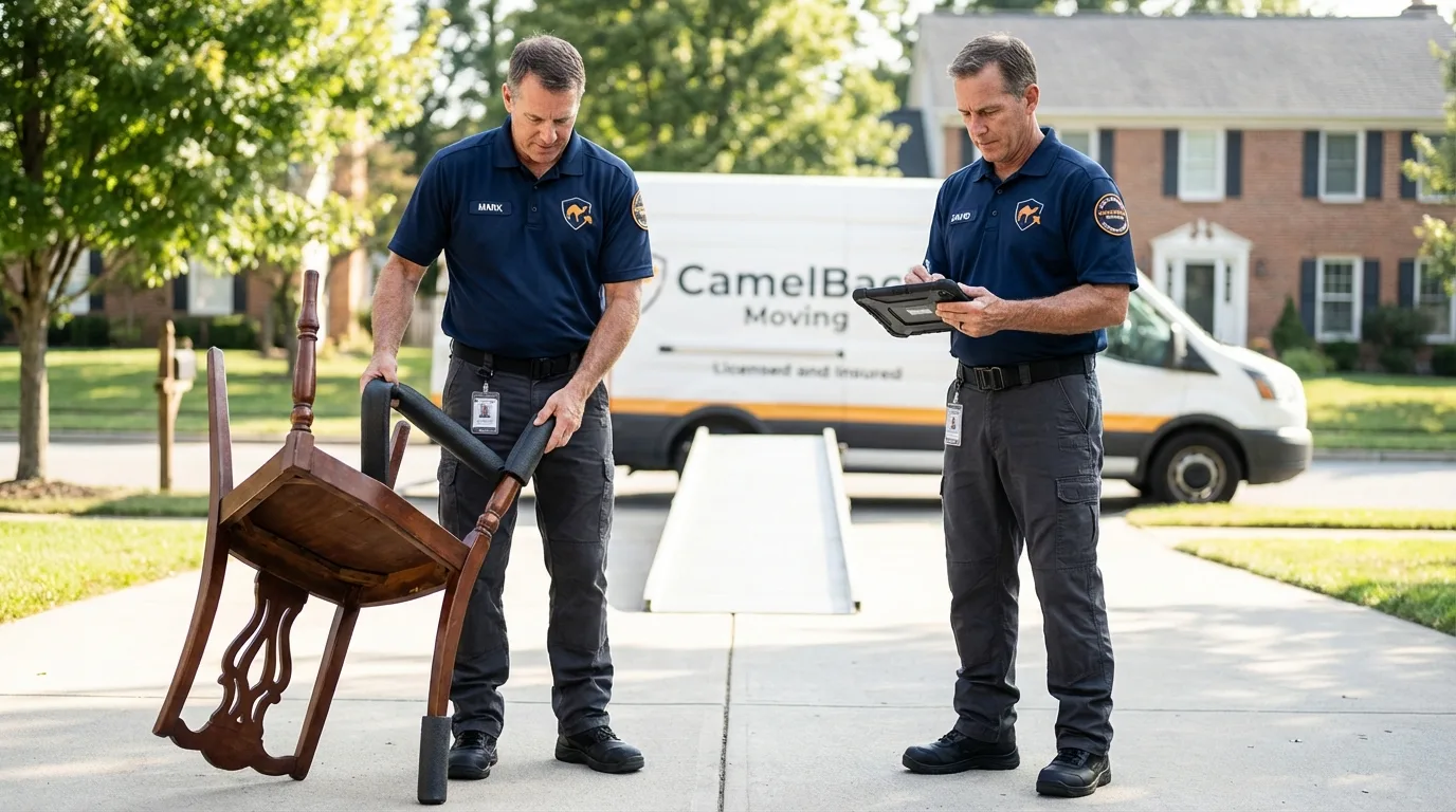 Movers inspecting furniture for damage prevention before loading in Nowata, OK