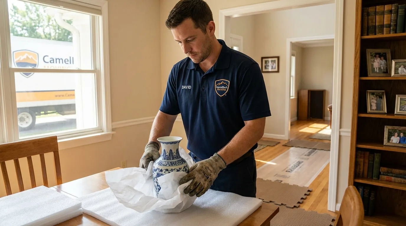 Professional crew carefully wrapping antique vase for senior downsizing move in Nowata, OK